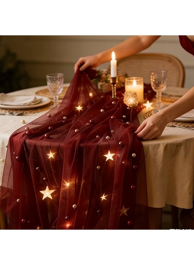 Wine Red Lace Pearl Table Runner Elegant Wedding & Party Table Decor - Image 2